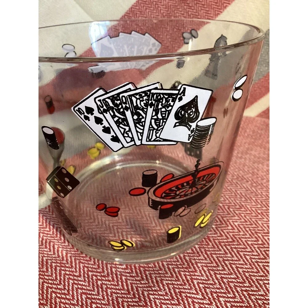 Hazel Atlas Vintage 1960’s Glass Ice Bucket Casino Cards Dice Poker Barware MCM